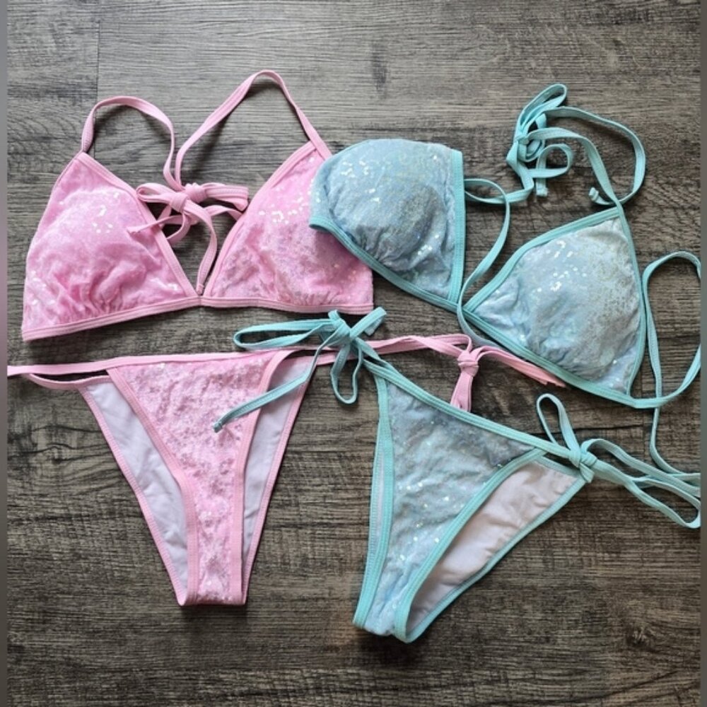 Shein Sequin Pink and Blue Velvet Bikinis